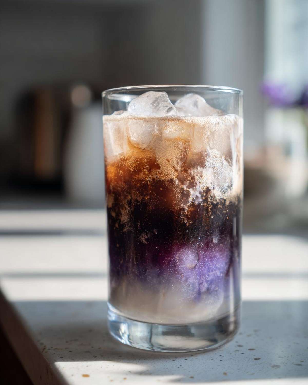 Close-up of a layered Iced Lavender Latte showing purple syrup, coffee, and milk mixing over ice cubes.