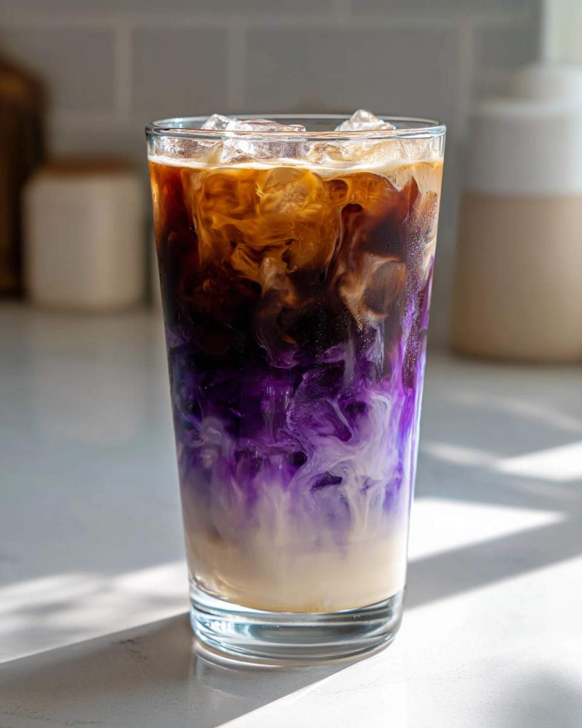 A tall glass showing the beautiful layers of an Iced Lavender Latte swirling with purple, brown espresso, and white milk over ice.