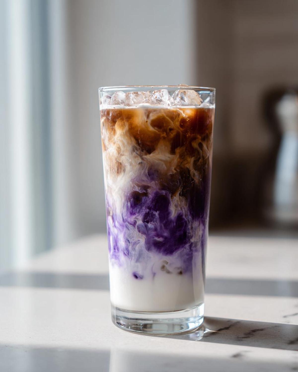 A tall glass showing the beautiful layers of an Iced Lavender Latte mixing milk, purple syrup, and espresso.