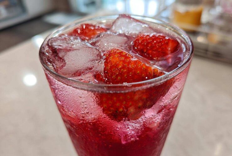 Close-up of a tall glass filled with vibrant red Iced Strawberry Lemon Tea, fresh strawberries, and ice cubes.
