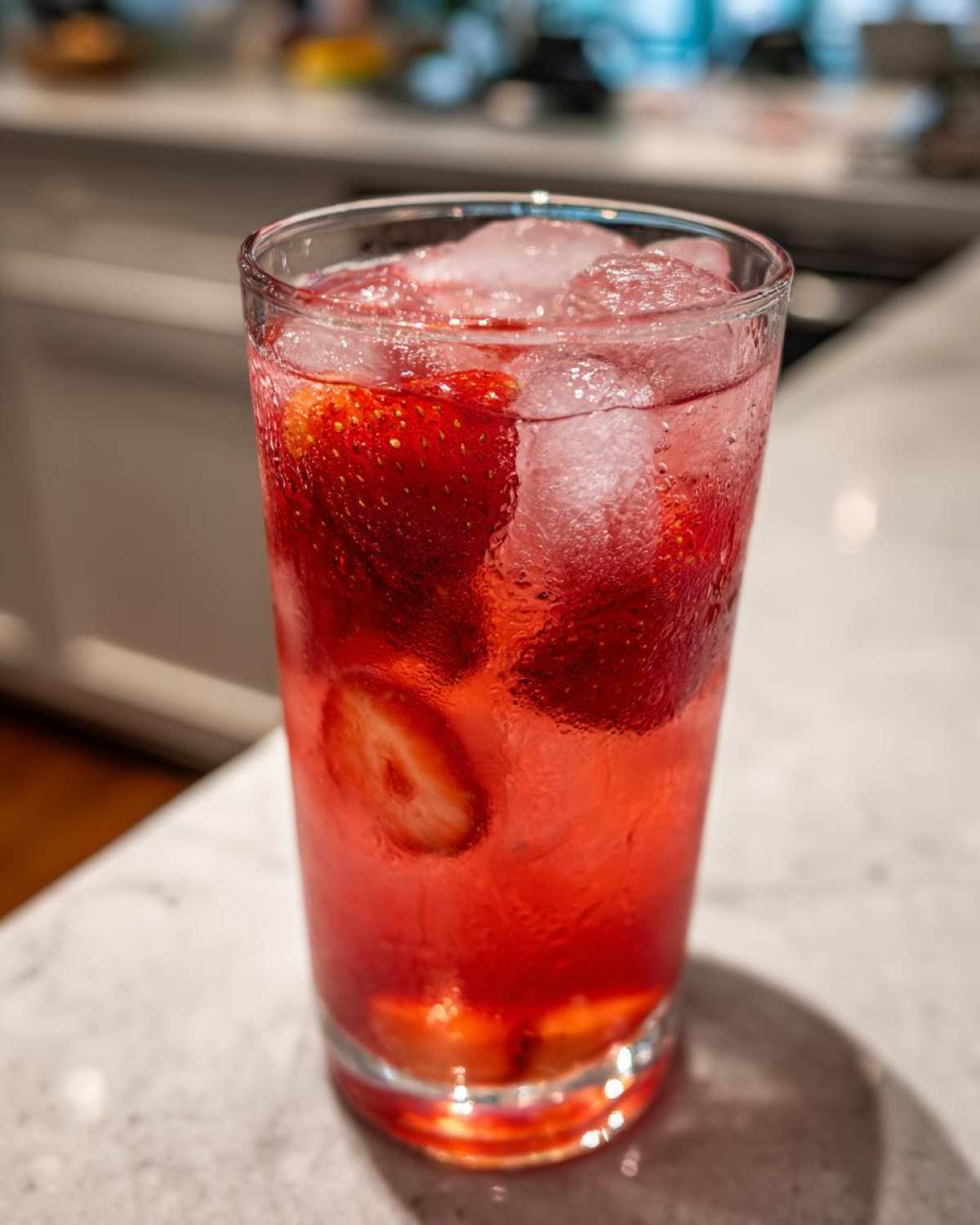 Close-up of a tall glass filled with vibrant red Iced Strawberry Lemon Tea, ice cubes, and fresh strawberry slices.