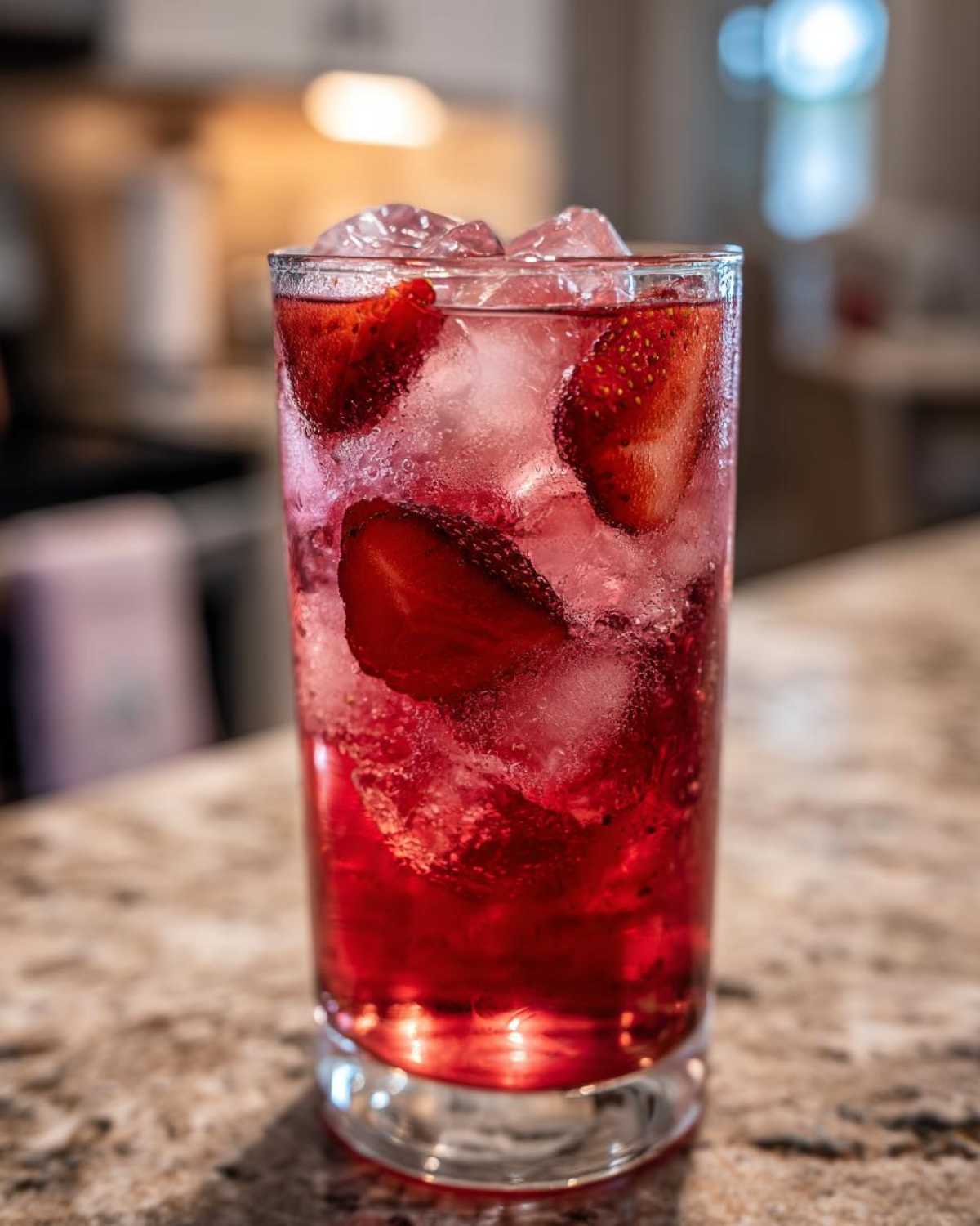 Close-up of a tall glass filled with vibrant red Iced Strawberry Lemon Tea, ice cubes, and fresh strawberry slices.