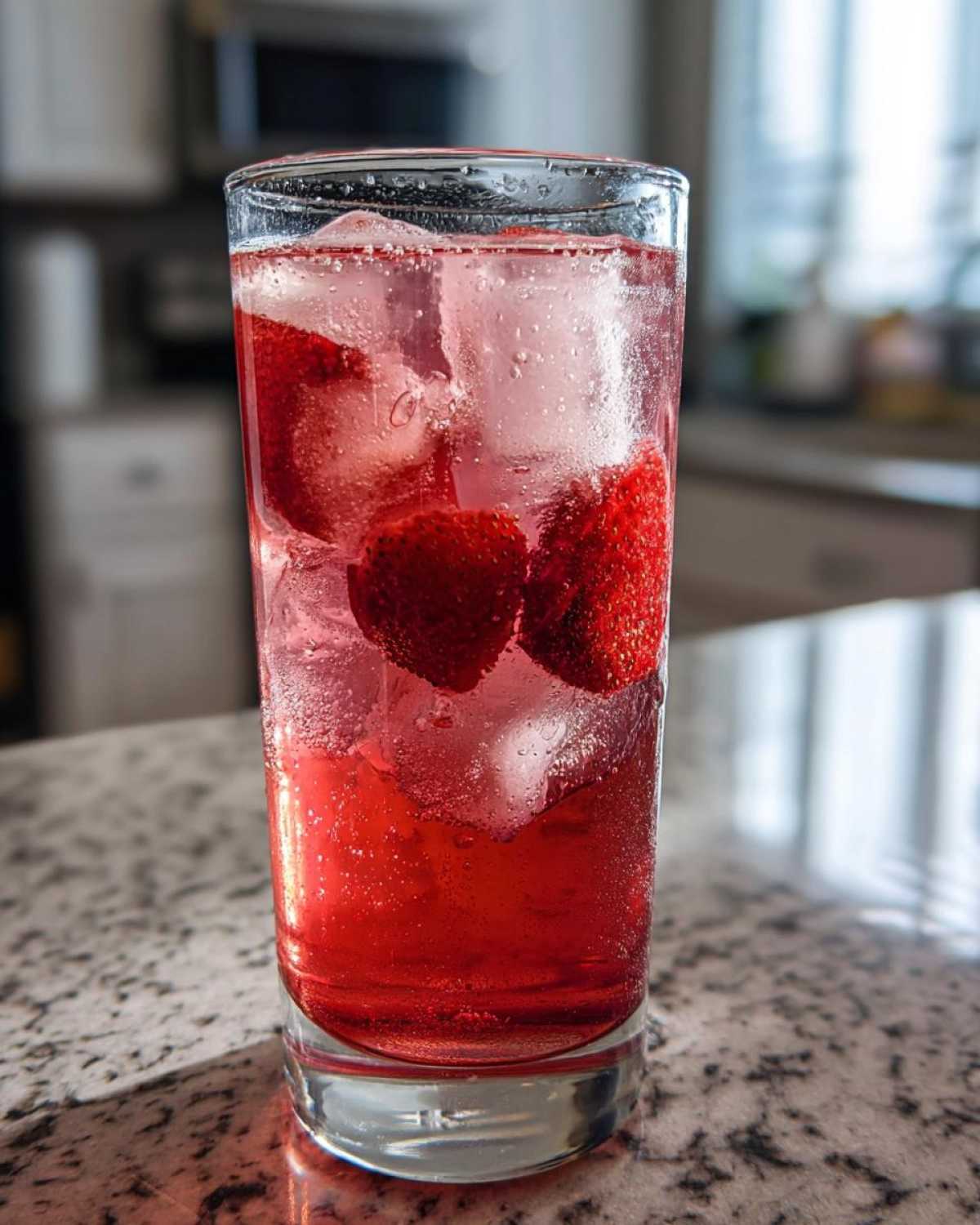 Close-up of a tall glass filled with Iced Strawberry Lemon Tea, ice cubes, and fresh strawberry slices.