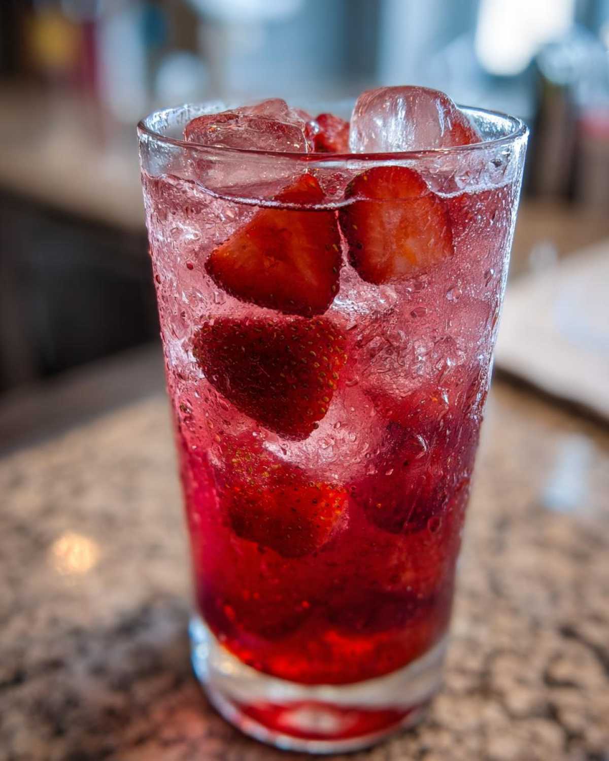 Close-up of a tall, sweating glass filled with Iced Strawberry Lemon Tea, ice cubes, and fresh strawberry slices.