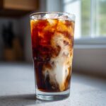 Close-up of a tall glass filled with an Iced Vanilla Chai Latte showing rich brown tea mixing with white cream.