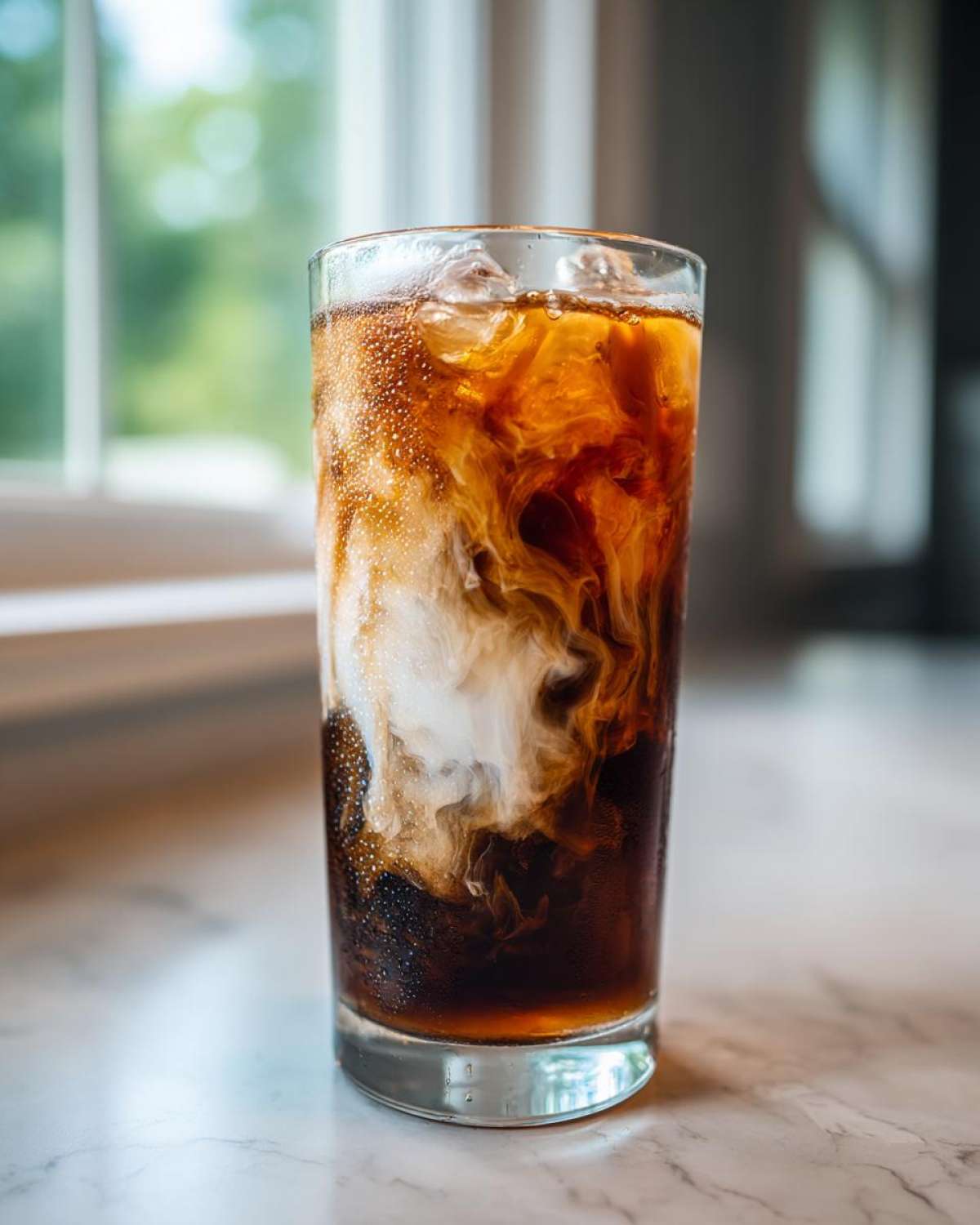 Close-up of an Iced Vanilla Chai Latte with cream swirling into the dark tea base over ice.