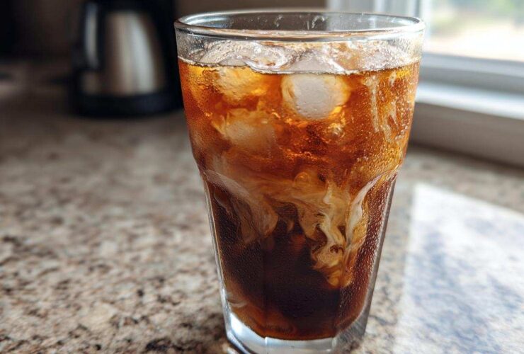 Close-up of a tall glass filled with an Iced Vanilla Chai Latte, showing ice cubes and cream swirling into the dark tea.
