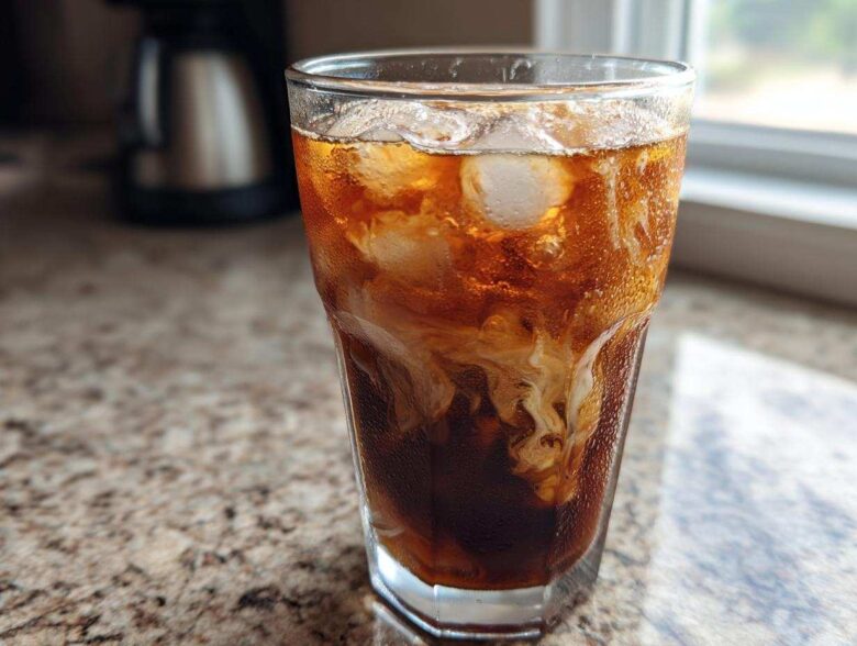 Close-up of a tall glass filled with an Iced Vanilla Chai Latte, showing ice cubes and cream swirling into the dark tea.