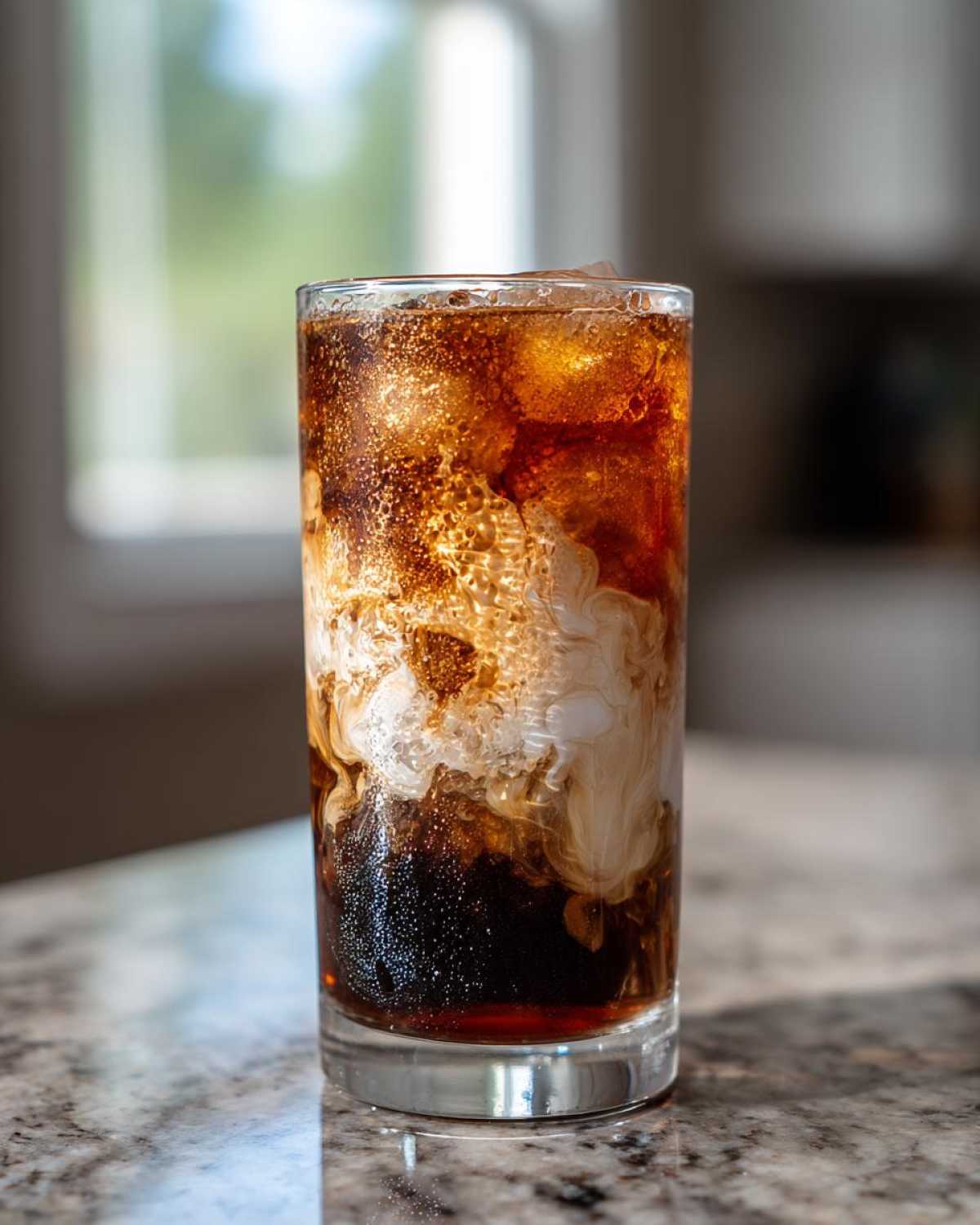 Close-up of an Iced Vanilla Chai Latte with dark chai concentrate mixing with white milk/cream over ice cubes.