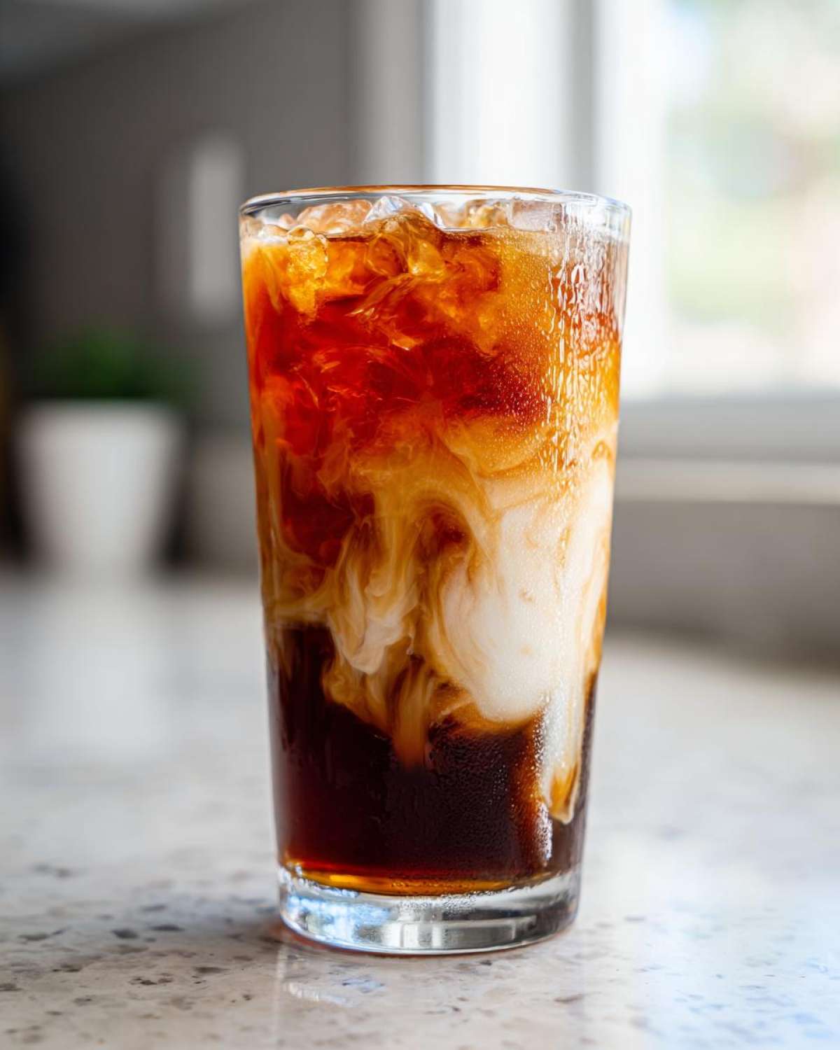 Close-up of a tall glass filled with an Iced Vanilla Chai Latte showing dark tea mixing beautifully with white cream over ice.