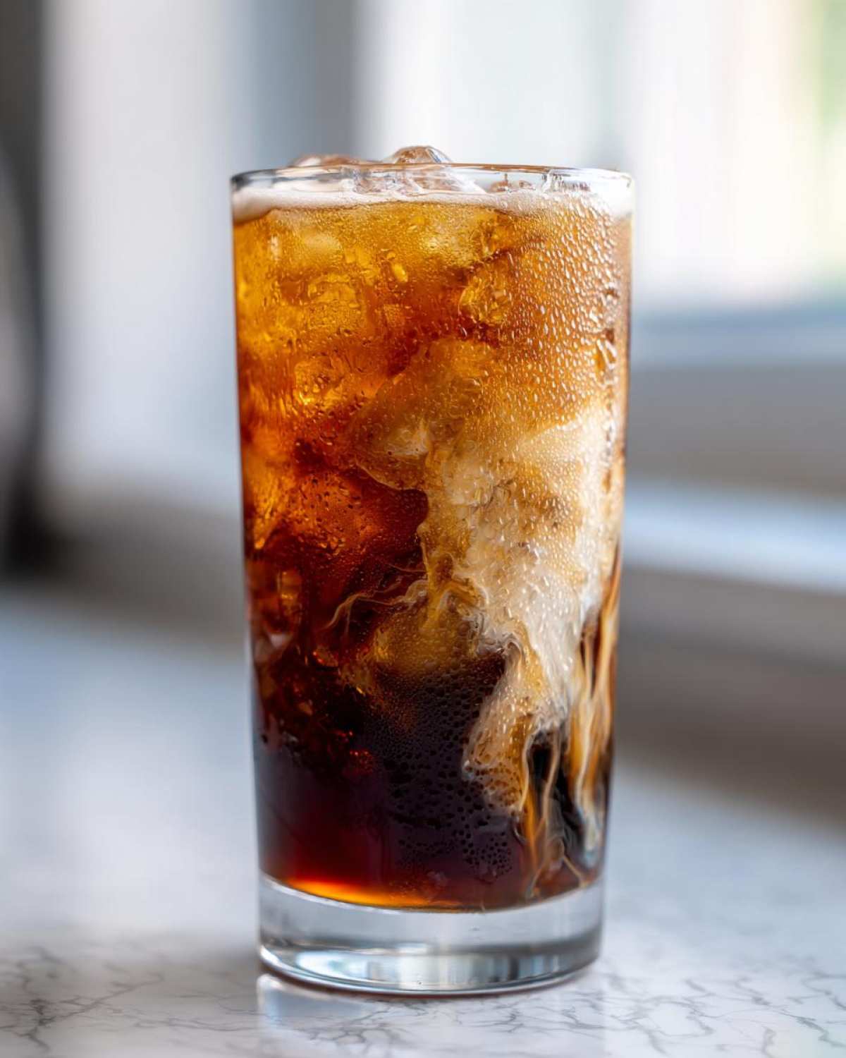 Close-up of a tall glass filled with an Iced Vanilla Chai Latte, showing dark tea mixing with creamy vanilla swirls over ice.