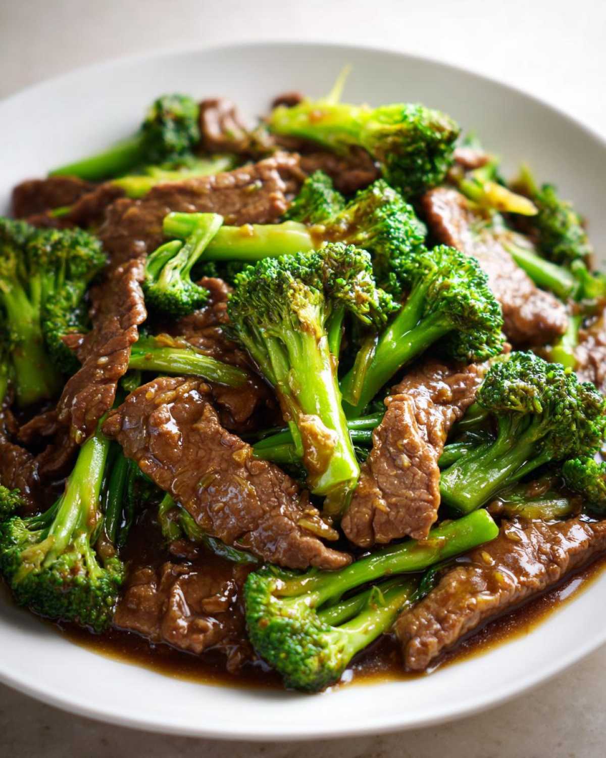 A close-up shot of tender slices of beef mixed with bright green broccoli florets coated in a savory brown sauce, ready to eat Instant Pot Beef and Broccoli.