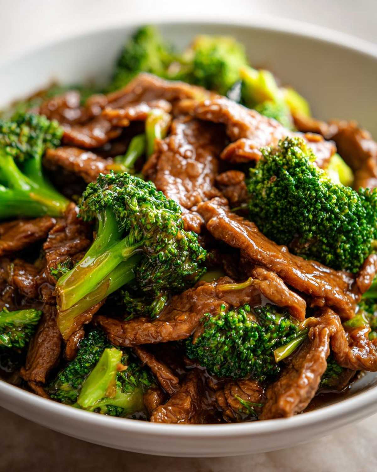 A close-up shot of tender slices of beef coated in savory sauce mixed with bright green broccoli florets, ready to eat Instant Pot Beef and Broccoli.