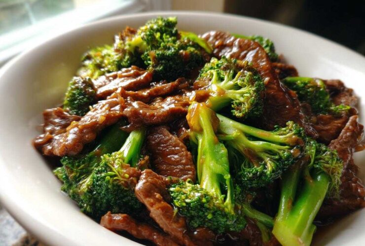 A close-up shot of glossy Instant Pot Beef and Broccoli served in a white bowl, featuring tender beef slices and bright green broccoli florets.
