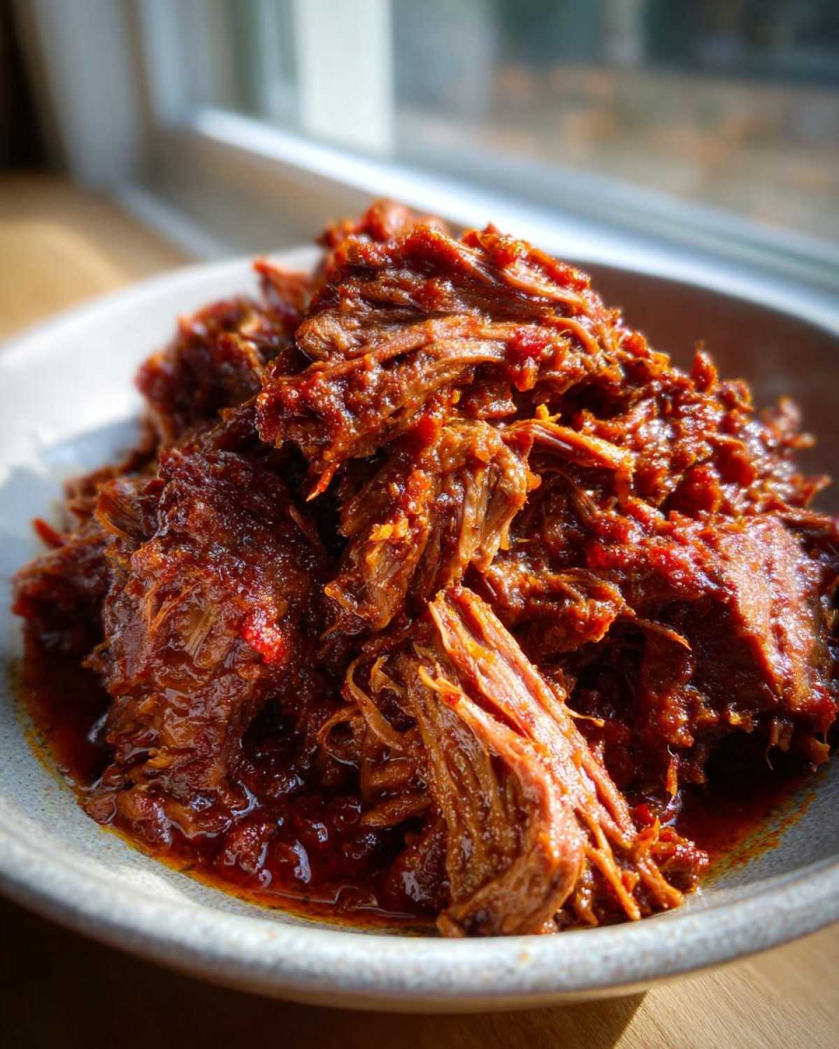 Close-up of richly seasoned, shredded Instant Pot Beef Barbacoa piled high in a light-colored bowl.