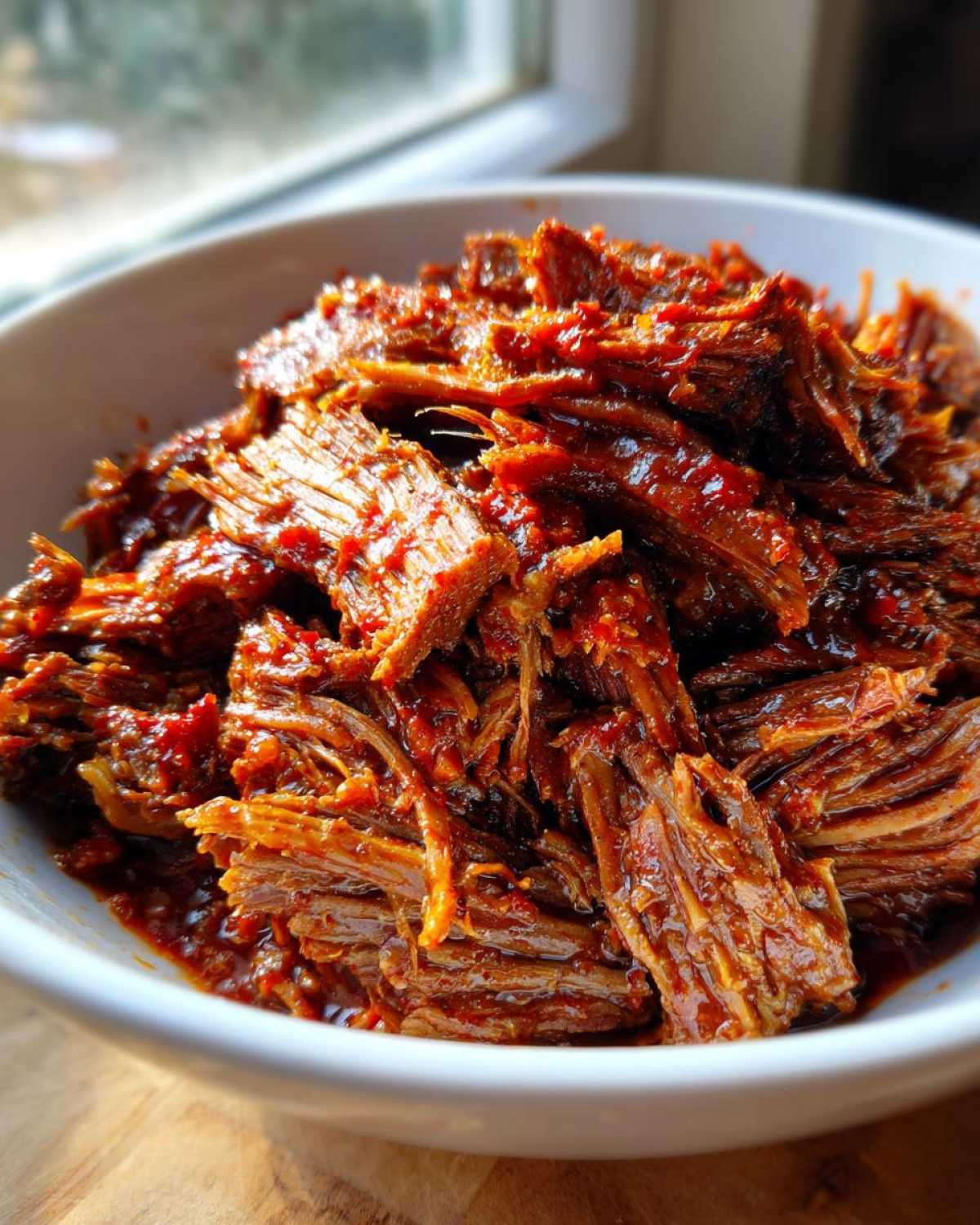 Close-up of richly seasoned, shredded Instant Pot Beef Barbacoa in a white bowl.