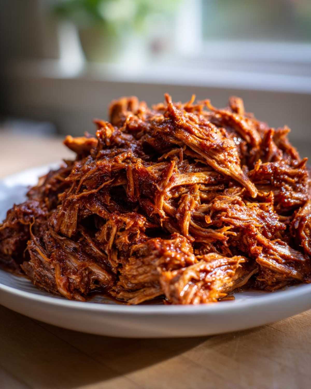 Close-up of richly seasoned, shredded Instant Pot Beef Barbacoa piled high on a white plate.