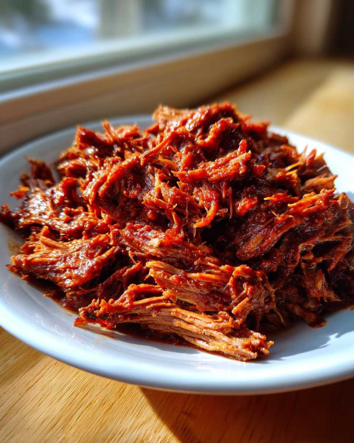 A close-up of richly seasoned, shredded Instant Pot Beef Barbacoa piled high on a white plate.