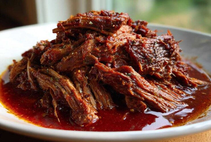 Close-up of shredded, saucy Instant Pot Beef Barbacoa piled high on a white plate, ready for tacos.