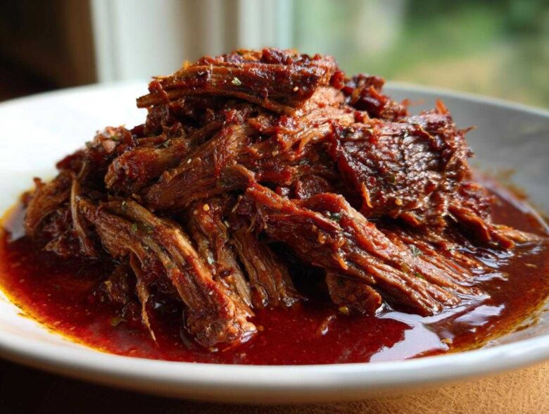 Close-up of shredded, saucy Instant Pot Beef Barbacoa piled high on a white plate, ready for tacos.