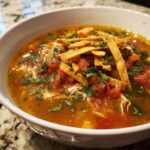 A close-up of a white bowl filled with rich, savory Instant Pot Chicken Tortilla Soup, topped with diced tomatoes, cilantro, and crispy tortilla strips.