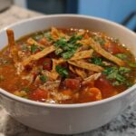 Close-up of a bowl of rich, tomato-based Instant Pot Chicken Tortilla Soup topped with crispy tortilla strips and fresh cilantro.
