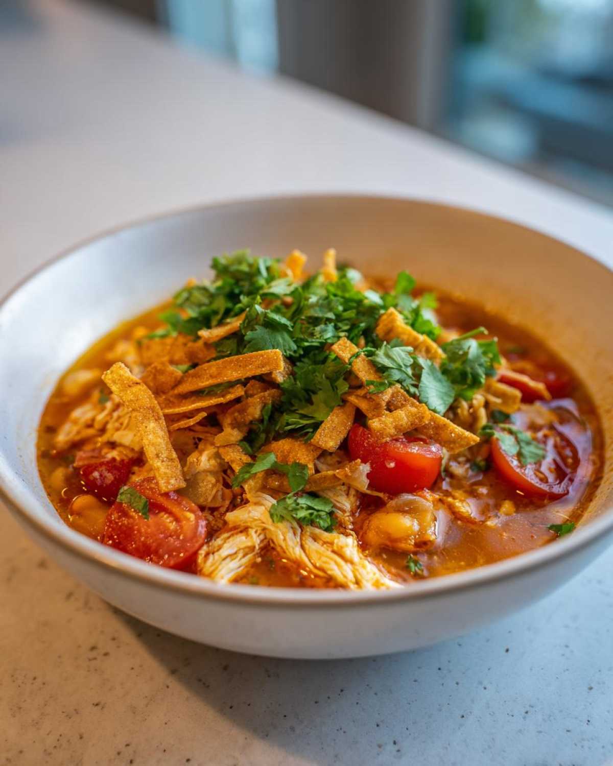 A close-up of a bowl of Instant Pot Chicken Tortilla Soup, topped with shredded chicken, tomatoes, and cilantro.