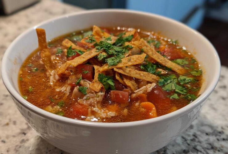 Close-up of a bowl of rich, tomato-based Instant Pot Chicken Tortilla Soup topped with crispy tortilla strips and fresh cilantro.