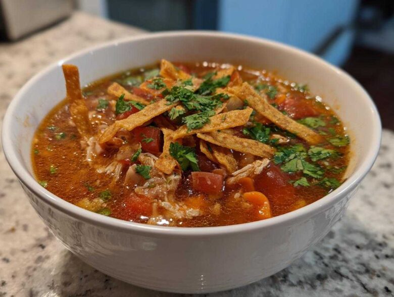 Close-up of a bowl of rich, tomato-based Instant Pot Chicken Tortilla Soup topped with crispy tortilla strips and fresh cilantro.