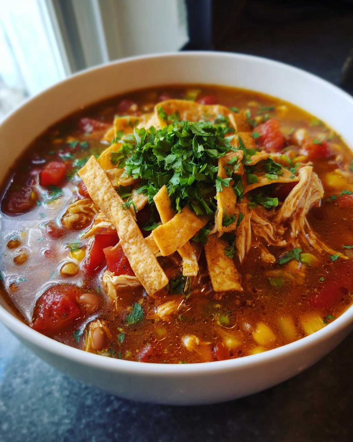 Close-up of a white bowl filled with rich Instant Pot Chicken Tortilla Soup, topped with tortilla strips and fresh cilantro.