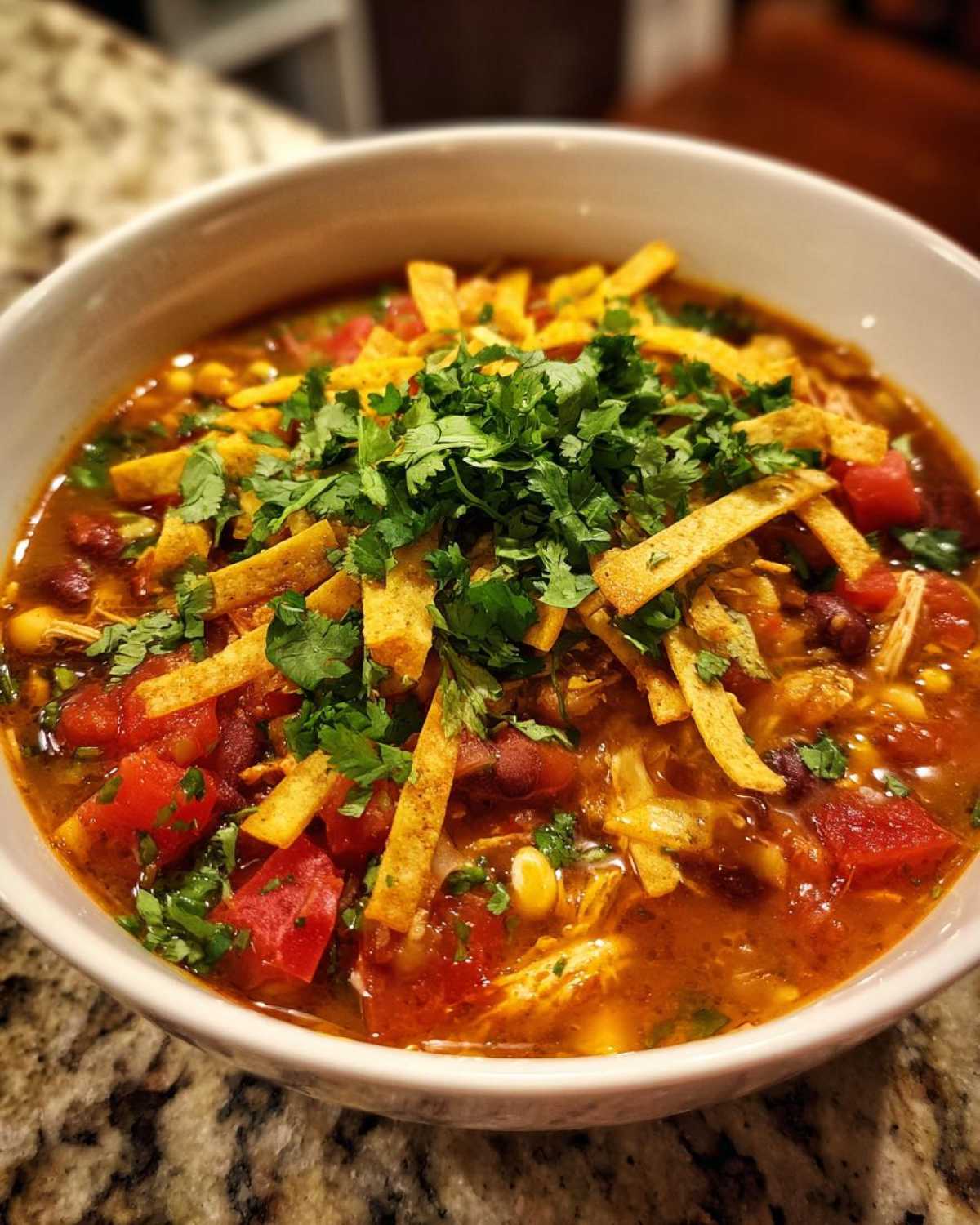 A close-up of a bowl of Instant Pot Chicken Tortilla Soup, garnished with cilantro, cheese, and tortilla strips.