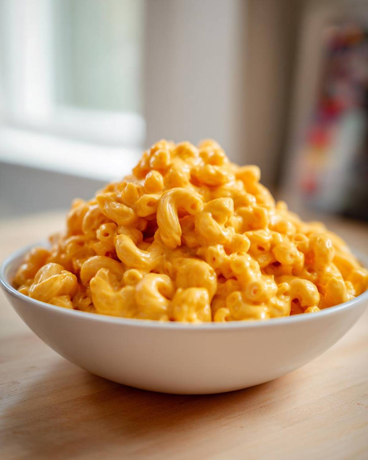 A large white bowl overflowing with creamy, bright orange Instant Pot Mac and Cheese, sitting on a wooden surface.