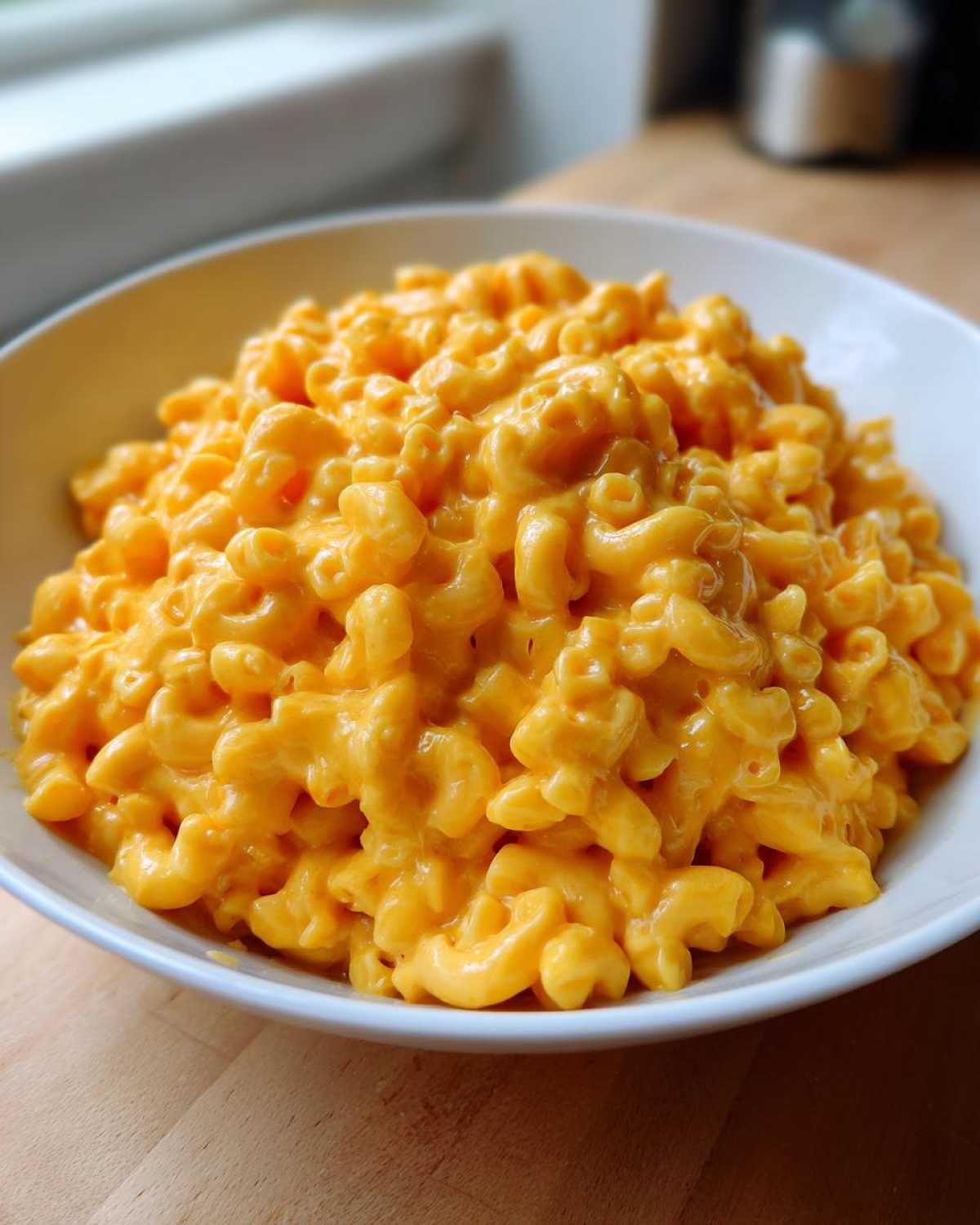 Close-up of a white bowl filled with creamy, bright orange Instant Pot Mac and Cheese.