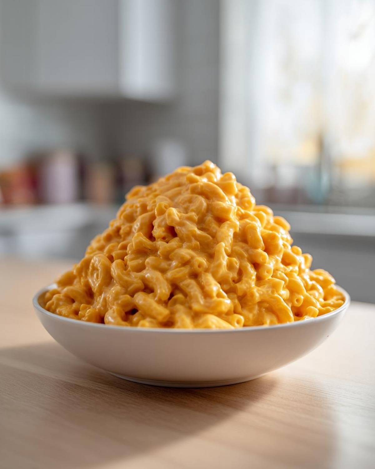 A large white bowl overflowing with creamy, bright orange Instant Pot Mac and Cheese.
