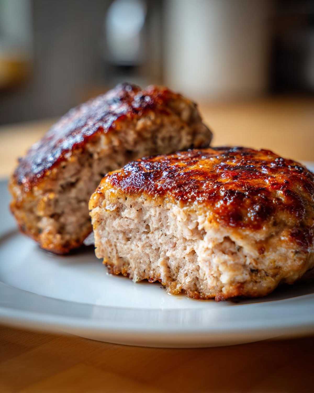 Close-up of two Air Fryer Turkey Burgers on a white plate, showing the moist interior and caramelized exterior.