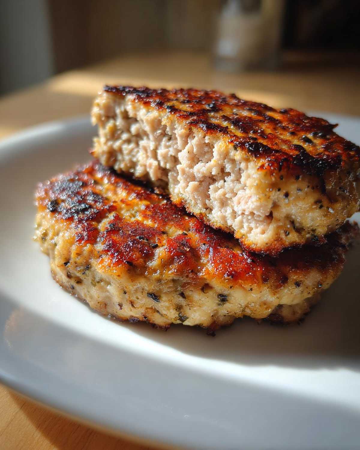 Close-up of two Air Fryer Turkey Burgers stacked, showing a juicy interior and perfectly browned, seasoned exterior.