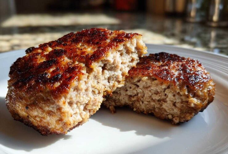 Close-up of a juicy Air Fryer Turkey Burger cut in half showing the perfectly cooked interior.
