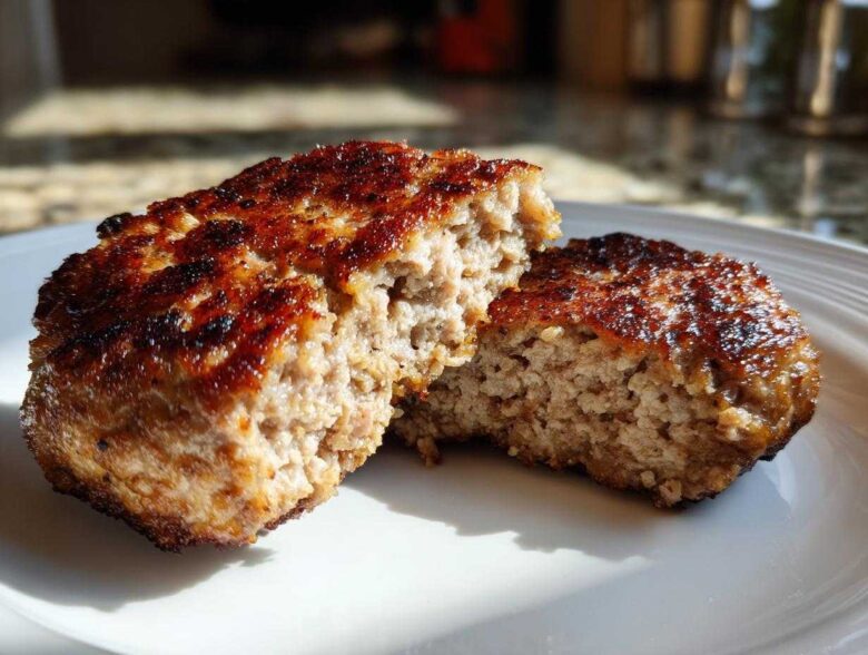 Close-up of a juicy Air Fryer Turkey Burger cut in half showing the perfectly cooked interior.