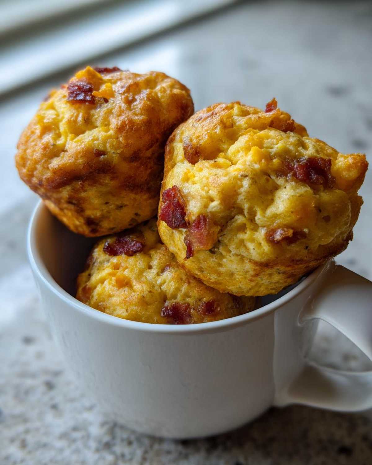 Three golden Keto Bacon and Egg Muffins stacked inside a white coffee mug.