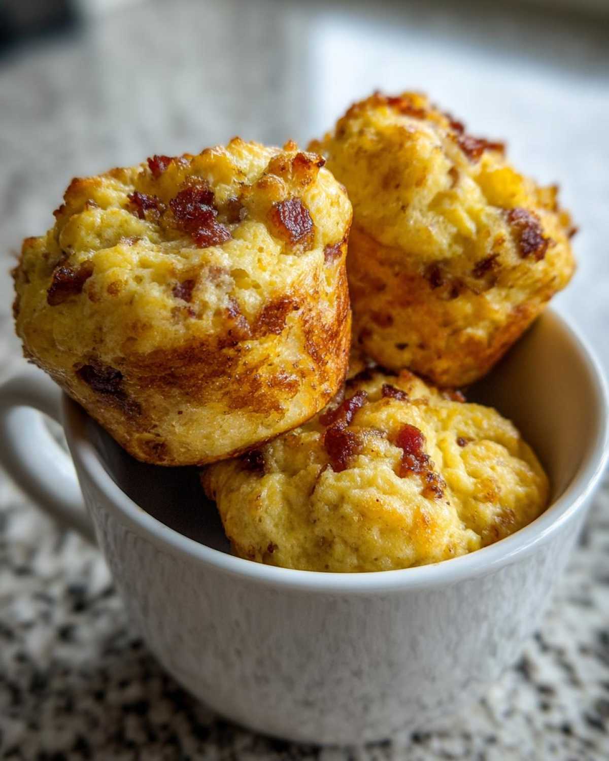 Close-up of three Keto Bacon and Egg Muffins stacked inside a white ceramic mug.