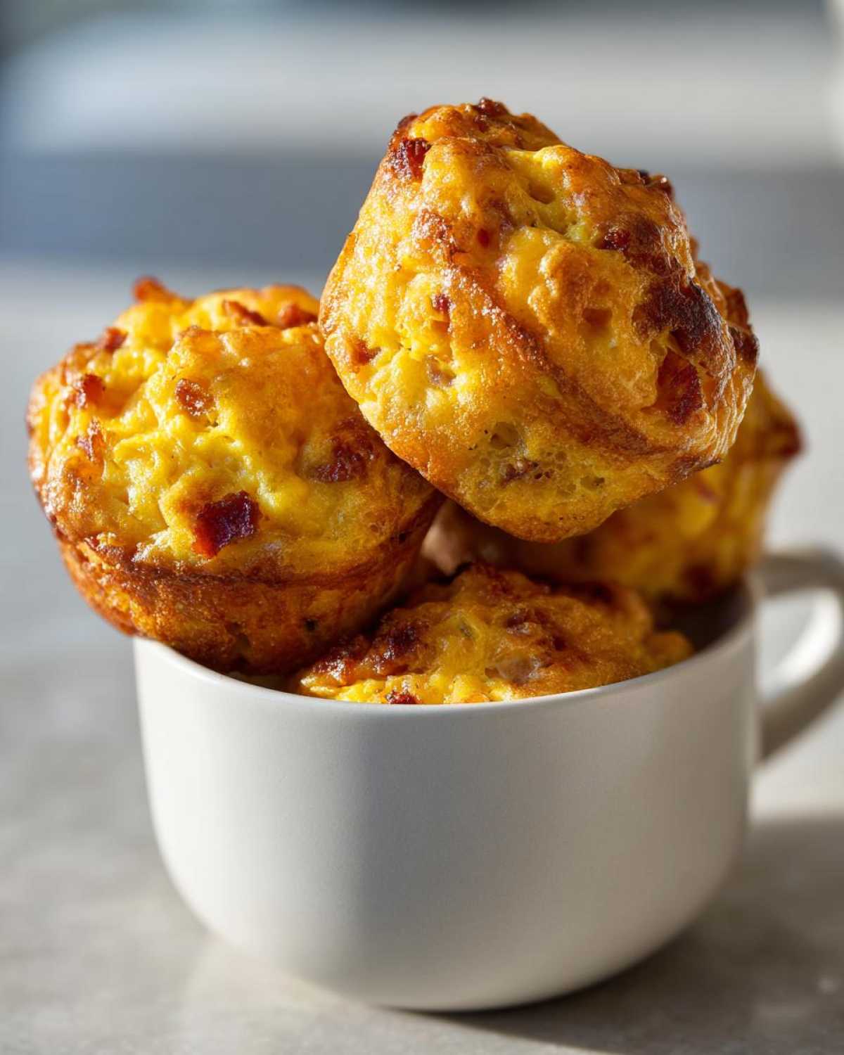 Close-up of golden brown Keto Bacon and Egg Muffins stacked inside a white ceramic mug.