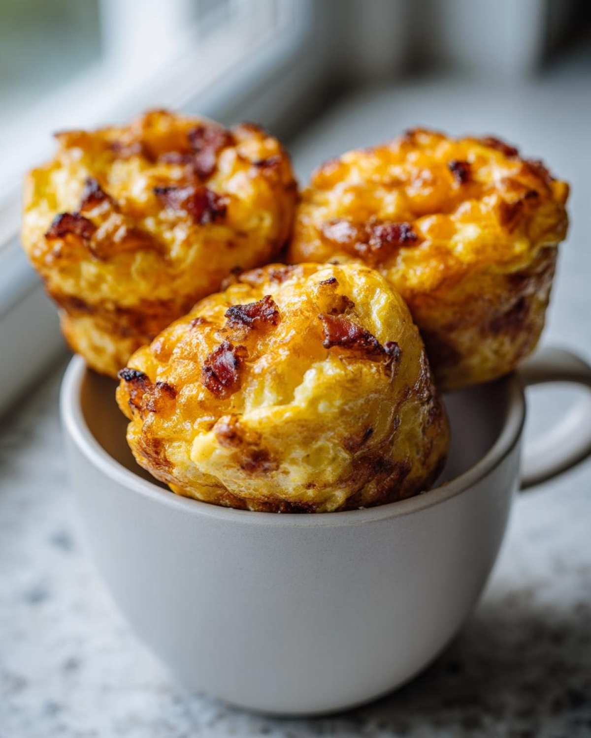 Three golden Keto Bacon and Egg Muffins stacked in a small grey mug.