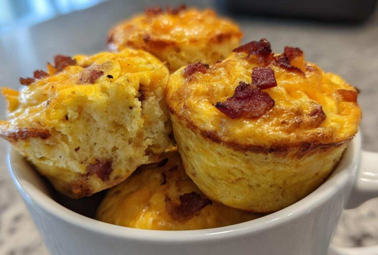 A stack of golden Keto Bacon and Egg Muffins topped with melted cheese and bacon bits, served in a white mug.