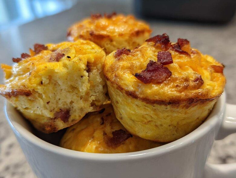A stack of golden Keto Bacon and Egg Muffins topped with melted cheese and bacon bits, served in a white mug.