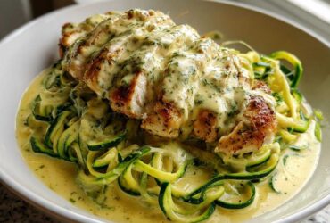 Close-up of sliced grilled chicken breast covered in creamy sauce over zucchini noodles in a bowl of Keto Chicken Alfredo.