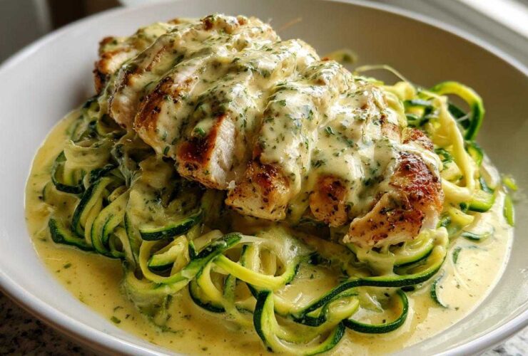 Close-up of sliced grilled chicken breast covered in creamy sauce over zucchini noodles in a bowl of Keto Chicken Alfredo.