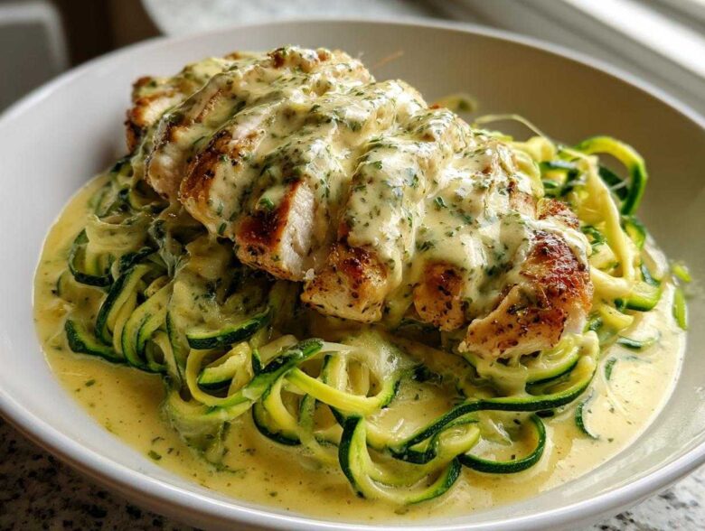Close-up of sliced grilled chicken breast covered in creamy sauce over zucchini noodles in a bowl of Keto Chicken Alfredo.