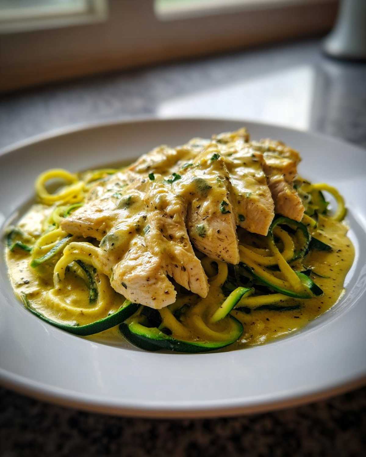 Close-up of sliced chicken breast covered in creamy sauce over zucchini noodles, perfect for Keto Chicken Alfredo.