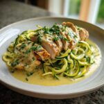 Sliced grilled chicken breast served over zucchini noodles tossed in creamy Alfredo sauce, a perfect Keto Chicken Alfredo.