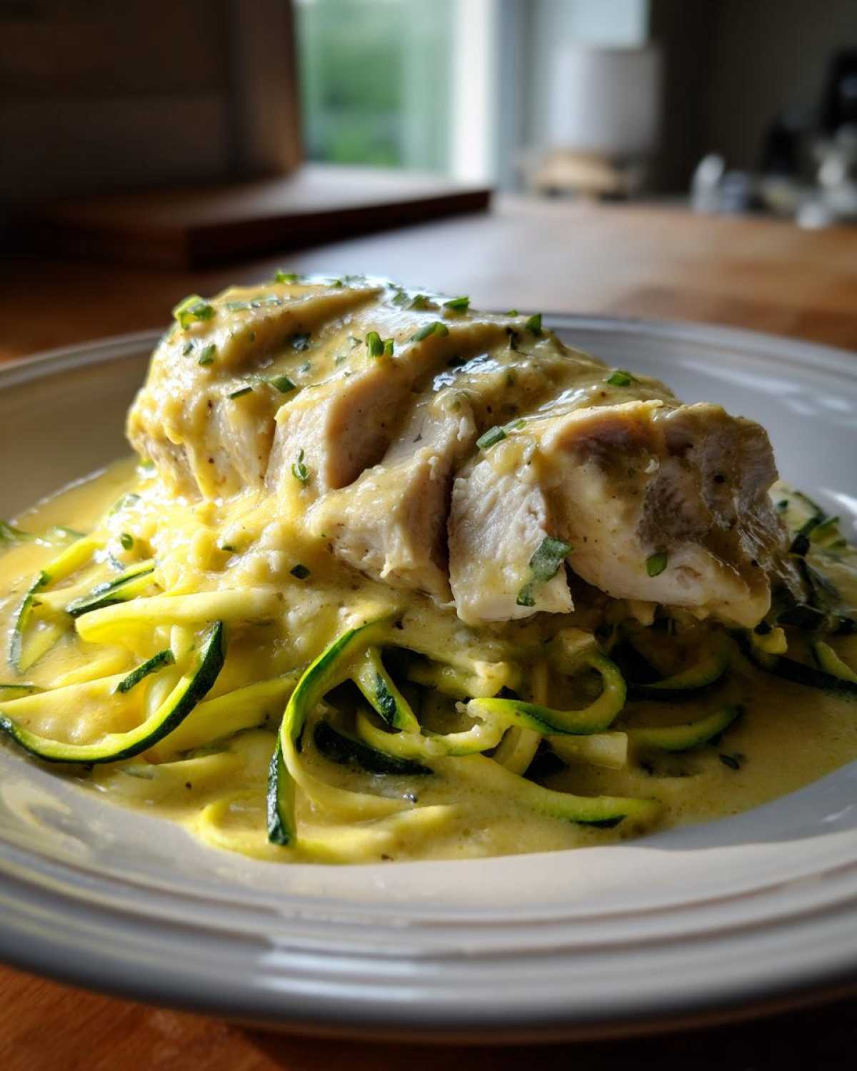 A serving of Keto Chicken Alfredo featuring sliced chicken breast over zucchini noodles covered in creamy sauce.